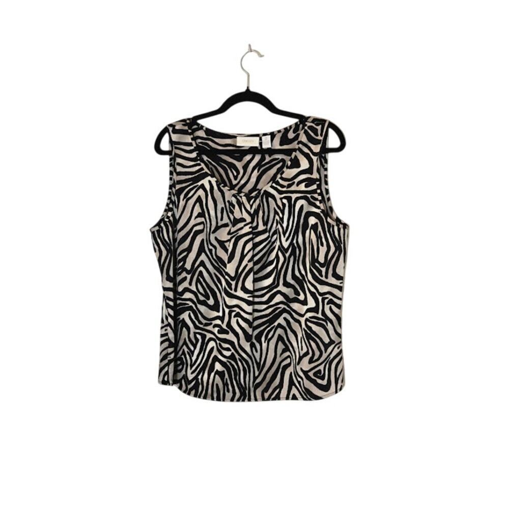 Chico's Women's Animal Print Satin Top Size Large Black Sleeveless Preppy Career